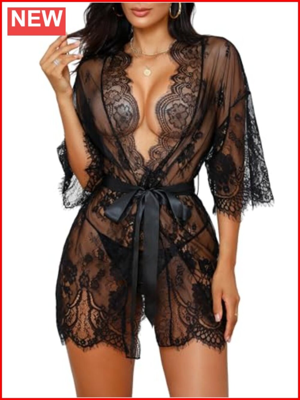 Lace Kimono Robe Chemise Set with G-String Satin Belt Butterfly Sleeve